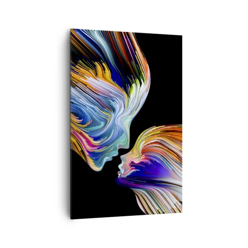 Obraz na płótnie - Kolorowe sylwetki twarzy w dynamicznych strugach na czarnym tle - 80x120cm - Fuzja energii i światła - Nowoczesna dekoracja ścienna do salonu i sypialni ARTTOR