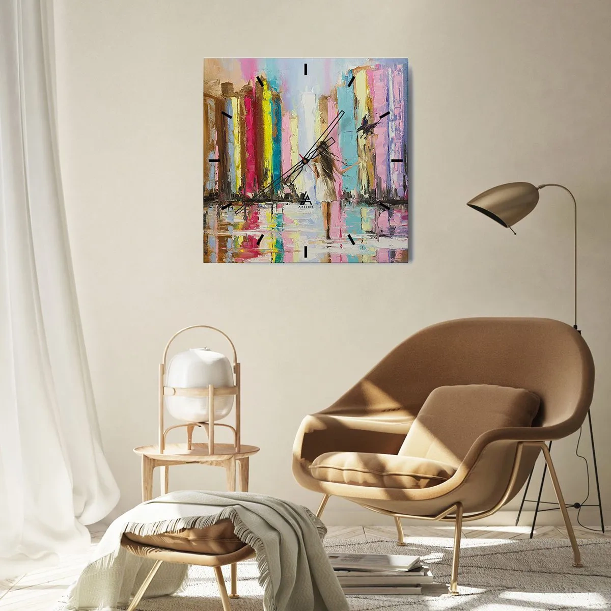Zegar ścienny - Kolorowe miasto i kobieta w białej sukni z ptakiem - 30x30cm - Idż za mną - Nowoczesna dekoracja ścienna do salonu i sypialni ARTTOR