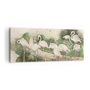 Obraz na płótnie - Flamingi w naturalnym otoczeniu w akwarelowym stylu - 120x50cm - Egzotyczny sen - Nowoczesna dekoracja ścienna do salonu i sypialni ARTTOR