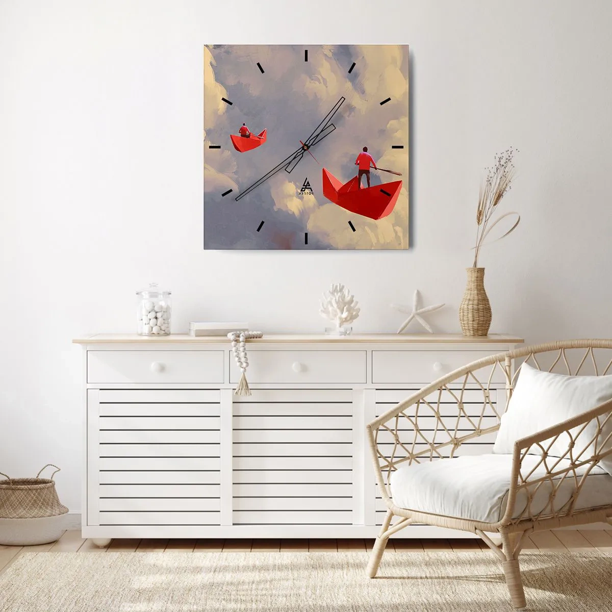 Zegar ścienny - Czerwone papierowe łódki unoszące się w chmurach - 30x30cm - Wyprawa marzycieli - Nowoczesna dekoracja ścienna do salonu i sypialni ARTTOR