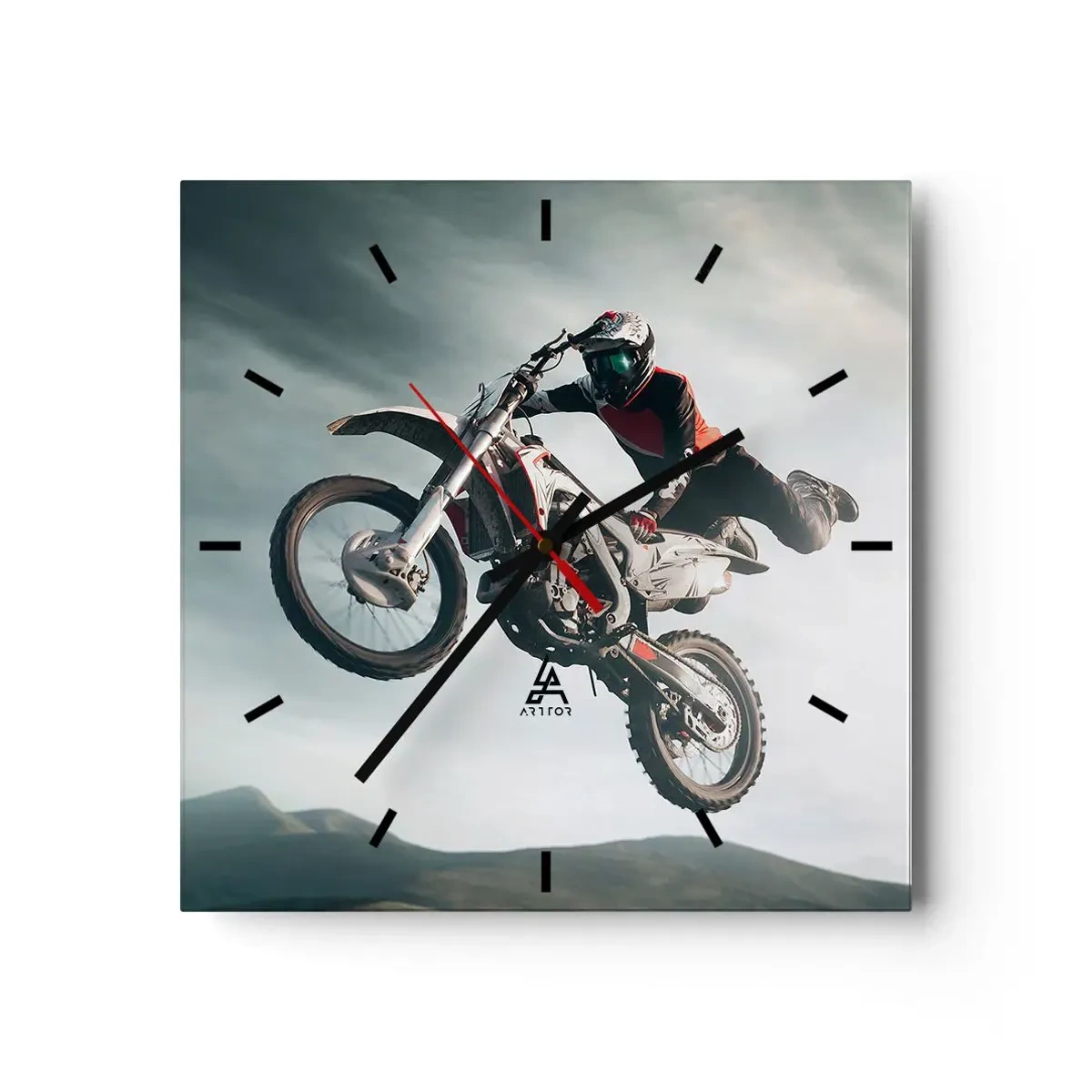 Zegar ścienny - Motocyklista w powietrzu podczas skoku - 30x30cm - Nie ma zabawy bez ryzyka - Nowoczesna dekoracja ścienna do salonu i sypialni ARTTOR