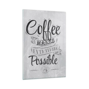 Obraz na szkle - Czarno-biały napis 'Coffee makes everything possible' w stylu vintage - 80x120cm - Jak tu nie kochać kawy - Nowoczesna dekoracja ścienna do salonu i sypialni ARTTOR