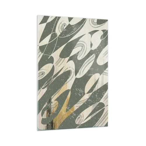 Obraz na szkle - Dynamiczne kształty w zielonych i złotych odcieniach - 70x100cm - Abstrakcja zrytmizowana - Nowoczesna dekoracja ścienna do salonu i sypialni ARTTOR