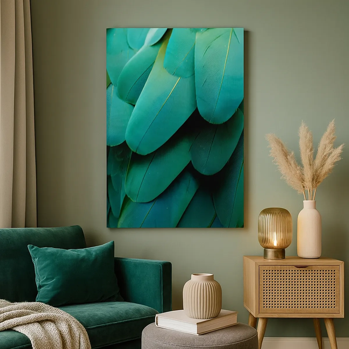 Obraz na płótnie - Zbliżenie na zielone pióra papugi - 50x70cm - Precyzja papuziej natury - Nowoczesna dekoracja ścienna do salonu, kuchni i sypialni ARTTOR