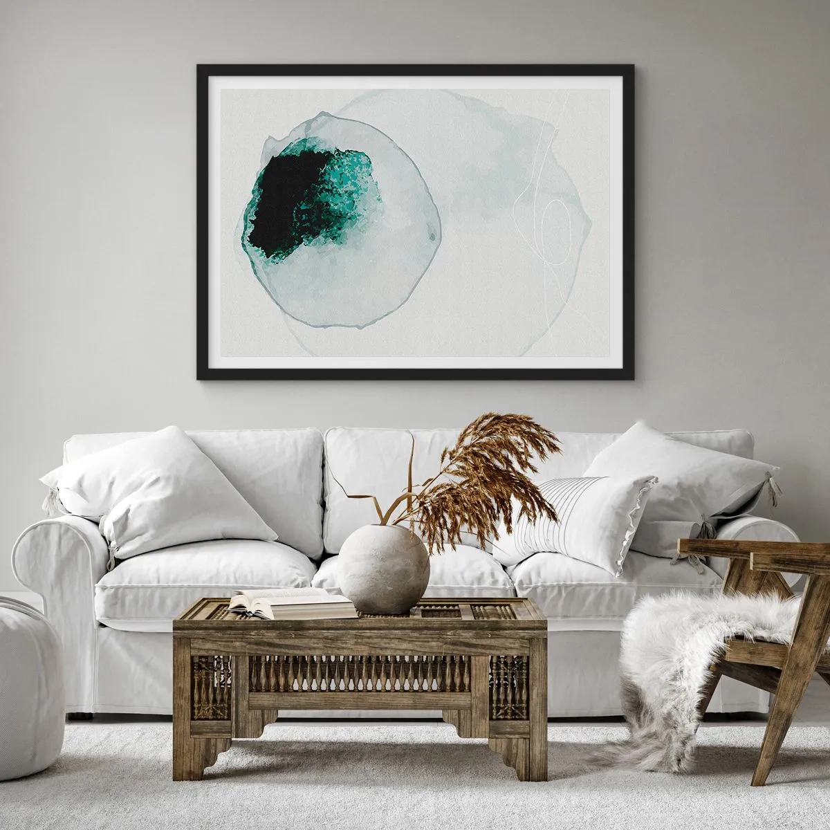 Plakat w czarnej ramie - Abstrakcyjna kropla wody z odcieniem zieleni i czerni - 70x50cm - W kropli wody - Nowoczesna dekoracja ścienna do salonu i sypialni ARTTOR