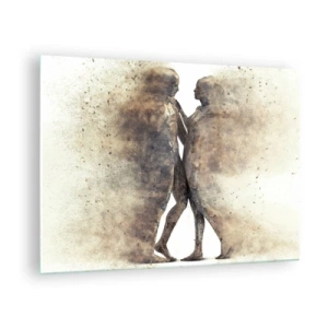 Obraz na szkle - Abstrakcyjne sylwetki dwóch postaci w pyłowym stylu - 70x50cm - Z prochu powstali, by kochać - Nowoczesna dekoracja ścienna do salonu i sypialni ARTTOR