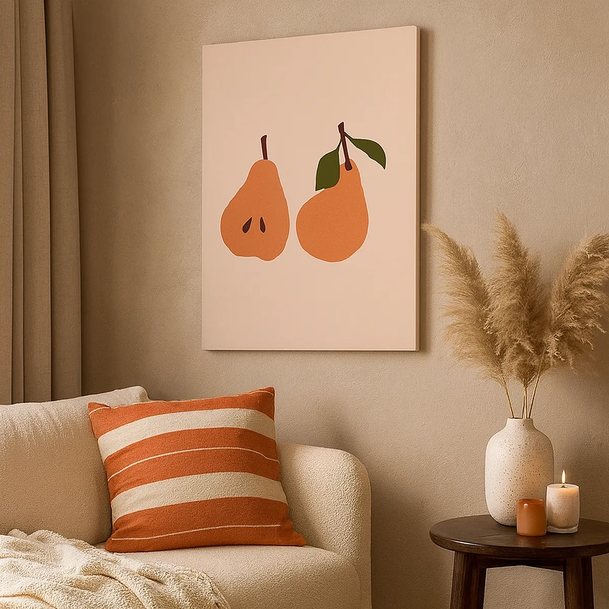 Obraz na płótnie - Minimalistyczna ilustracja dwóch gruszek na beżowym tle - 50x70cm - Sama słodycz - Nowoczesna dekoracja ścienna do salonu, kuchni i sypialni ARTTOR