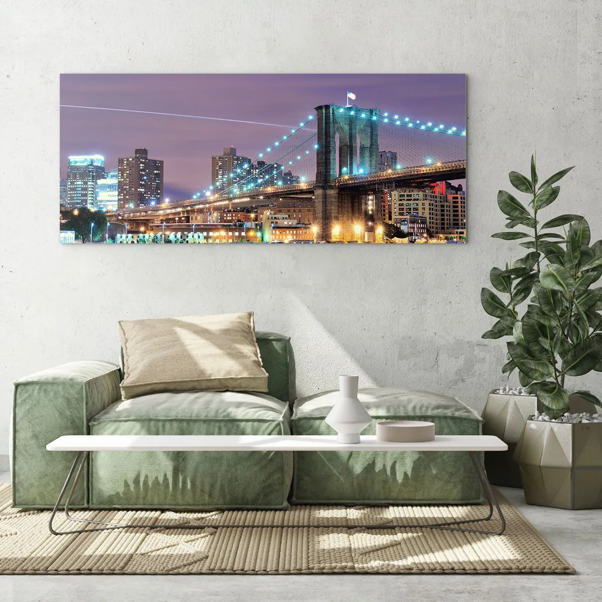 Obraz na szkle - Brookliński Most nocą z podświetlonym miastem w tle - 120x50cm - Od wielu lat Brookliński Most - Nowoczesna dekoracja ścienna do salonu i sypialni ARTTOR