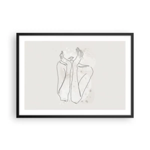 Plakat w czarnej ramie - Linia konturowa przedstawiająca kobiece dłonie na jasnym tle - 70x50cm - Rozmarzona chwila - Nowoczesna dekoracja ścienna do salonu i sypialni ARTTOR