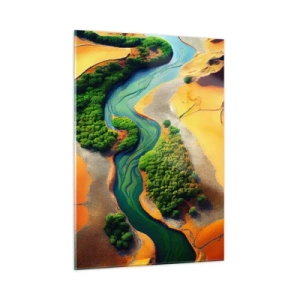 Obraz na szkle - Zielone oazy i rzeka wśród pomarańczowych wydm - 50x70cm - Życiodajna rzeka - Nowoczesna dekoracja ścienna do salonu, kuchni i sypialni ARTTOR