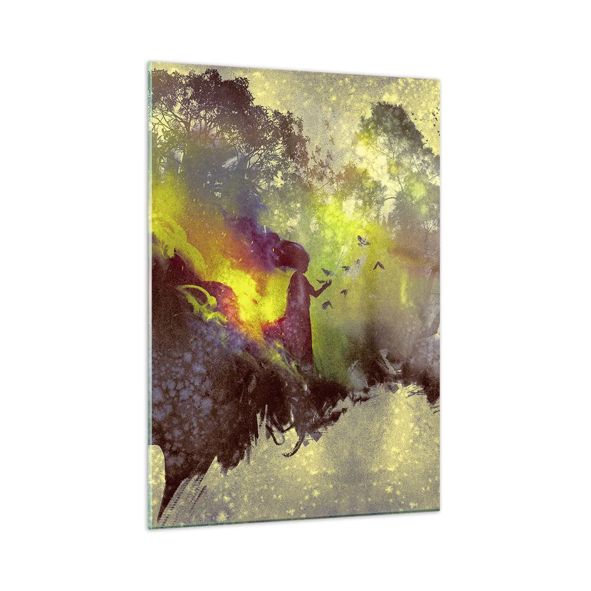 Obraz na szkle - Profil twarzy kobiety wypełniony naturą i kolorowymi efektami - 50x70cm - Matka Natura - Nowoczesna dekoracja ścienna do salonu, kuchni i sypialni ARTTOR