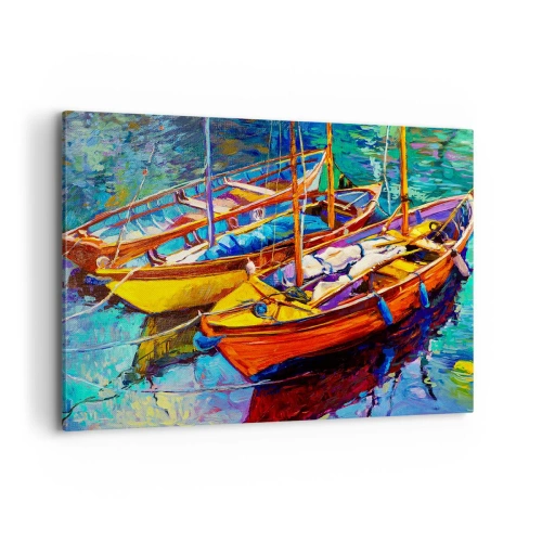 Obraz na płótnie - Kolorowe łodzie na spokojnej wodzie - 100x70cm - Na wodzie gęstej od barw - Nowoczesna dekoracja ścienna do salonu, kuchni i sypialni ARTTOR