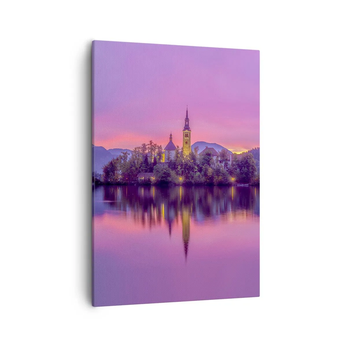 Obraz na płótnie - Malowniczy kościół na wyspie o zachodzie słońca - 50x70cm - Bajkowa wyspa o zmierzchu  - Nowoczesna dekoracja ścienna do salonu, kuchni i sypialni ARTTOR