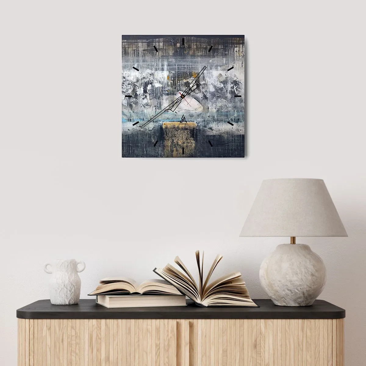 Zegar ścienny - Abstrakcyjna kompozycja w chłodnych tonacjach - 30x30cm - Jak po lodzie, jak po grudzie - Nowoczesna dekoracja ścienna do salonu i sypialni ARTTOR