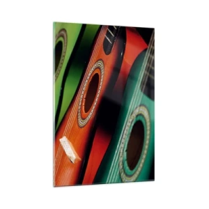 Obraz na szkle - Kolorowe gitary w różnych odcieniach ułożone w szeregu - 80x120cm - Gitara ma wiele barw - Nowoczesna dekoracja ścienna do salonu i sypialni ARTTOR