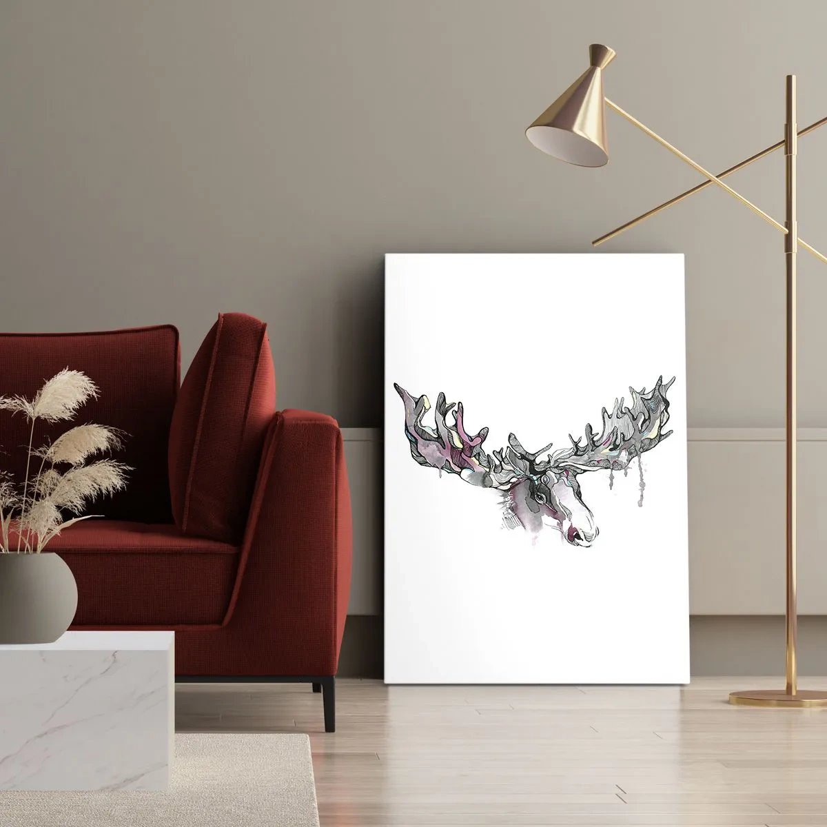 Obraz na płótnie - Artystyczna akwarela łosia z barwnym porożem na białym tle - 50x70cm - Korona króla lasu - Nowoczesna dekoracja ścienna do salonu, kuchni i sypialni ARTTOR