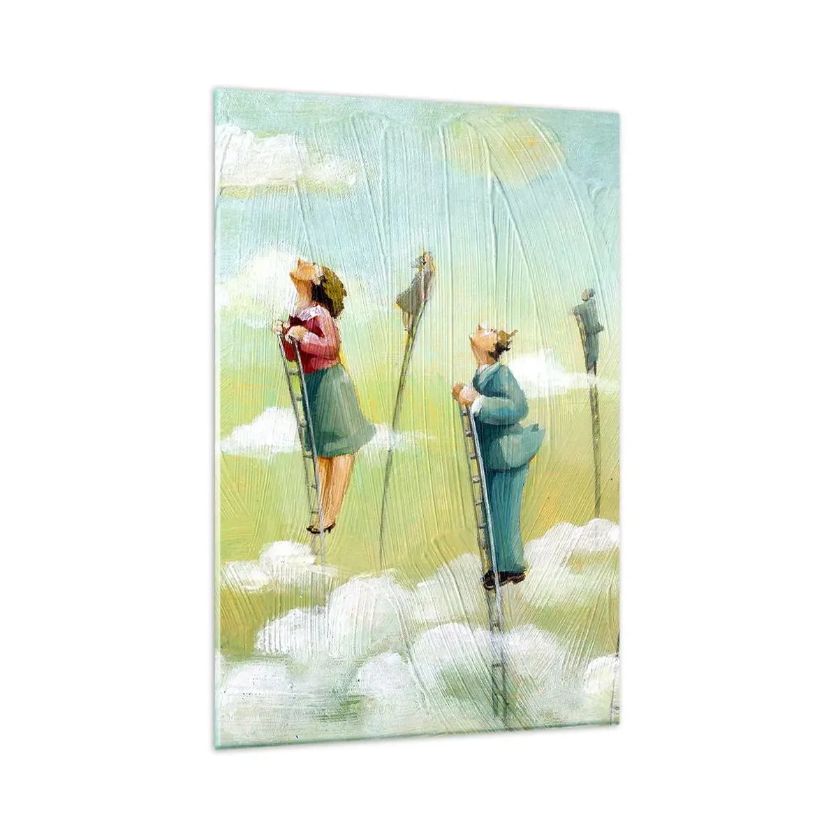 Obraz na szkle - Postacie wspinające się po drabinach wśród chmur na pastelowym tle - 80x120cm - Za swoim marzeniem - Nowoczesna dekoracja ścienna do salonu i sypialni ARTTOR