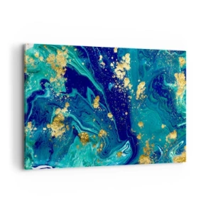 Obraz na płótnie - Abstrakcyjna kompozycja z błękitem, zielenią i złotymi akcentami - 120x80cm - Płatki słońca  - Nowoczesna dekoracja ścienna do salonu, kuchni i sypialni ARTTOR