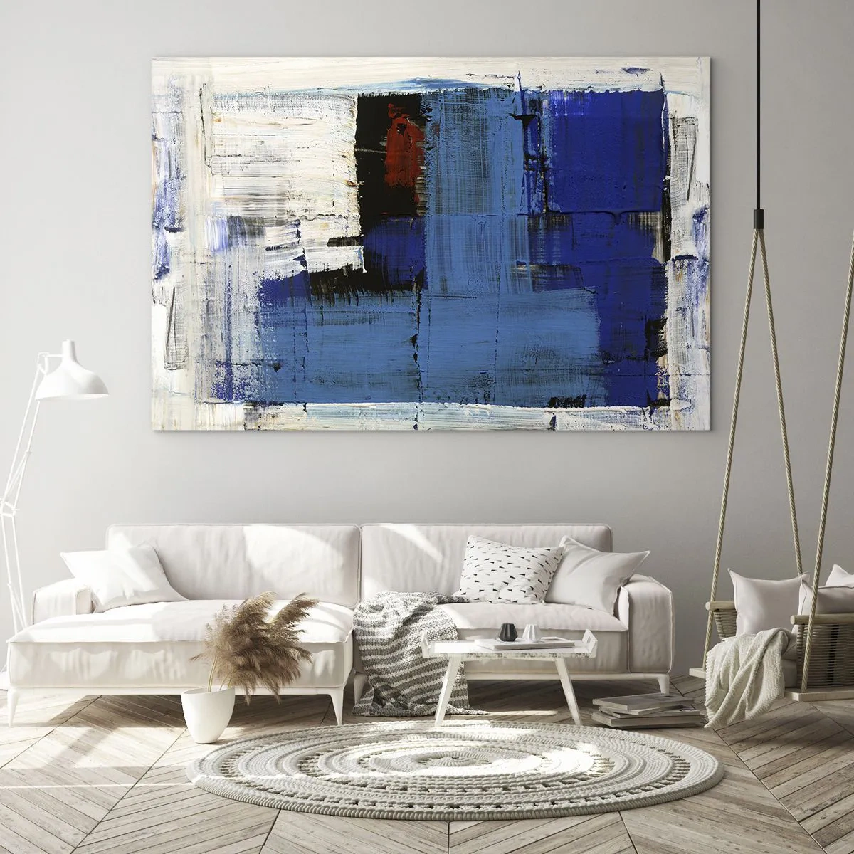 Obraz na szkle - Abstrakcyjna kompozycja z dominującym błękitem - 70x50cm - Sekret błękitu - Nowoczesna dekoracja ścienna do salonu i sypialni ARTTOR