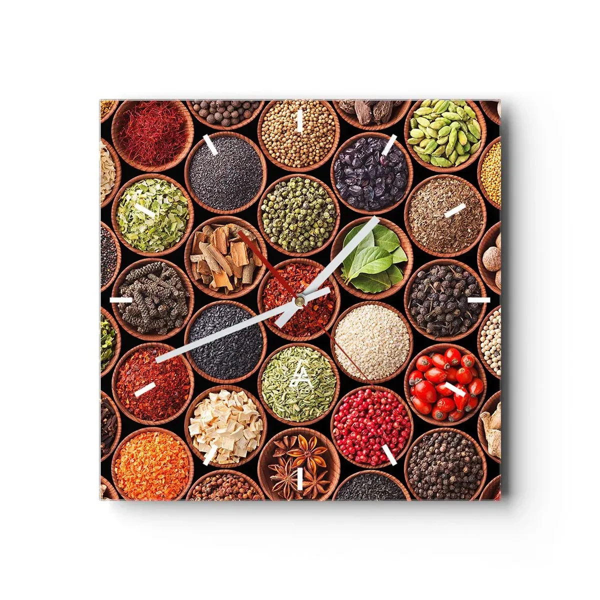 Zegar ścienny - Kolorowe przyprawy w okrągłych pojemnikach - 30x30cm - Wszystkie smaki świata - Nowoczesna dekoracja ścienna do salonu i sypialni ARTTOR
