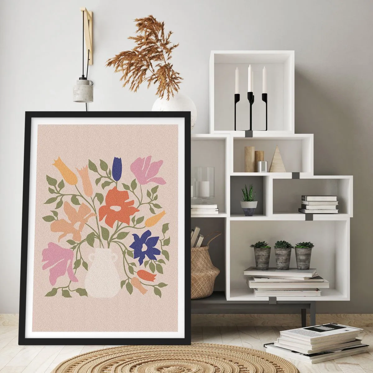 Plakat w czarnej ramie - Kolorowy bukiet kwiatów w jasnym wazonie na beżowym tle - 50x70cm - Bukiet delikatny - Nowoczesna dekoracja ścienna do salonu i sypialni ARTTOR