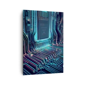 Obraz na płótnie - Technologiczna płytka drukowana z podświetlonymi ścieżkami - 70x100cm - Tak sobie myślę… - Nowoczesna dekoracja ścienna do salonu i sypialni ARTTOR