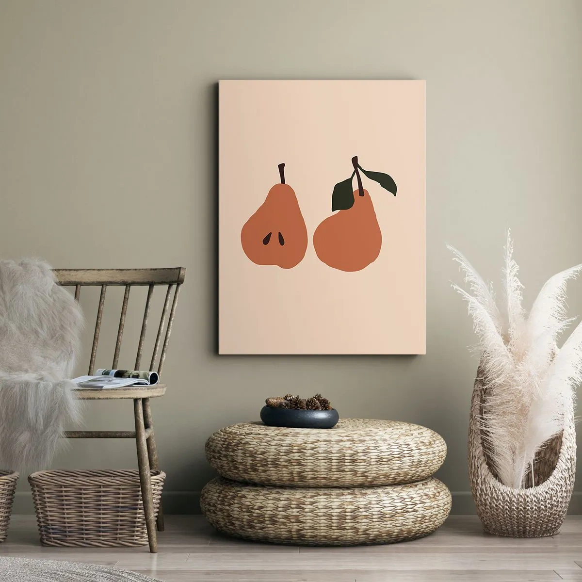 Obraz na płótnie - Minimalistyczna ilustracja dwóch gruszek na beżowym tle - 80x120cm - Sama słodycz - Nowoczesna dekoracja ścienna do salonu i sypialni ARTTOR