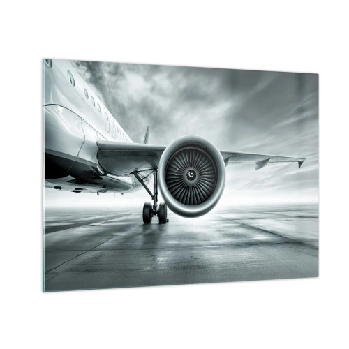 Obraz na szkle - Turbina samolotu pasażerskiego na pasie startowym o świcie - 70x50cm - Jest moc! - Nowoczesna dekoracja ścienna do salonu i sypialni ARTTOR