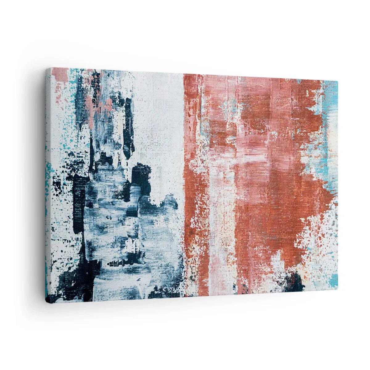 Obraz na płótnie - Abstrakcja w biało-niebieskich i ceglanych barwach - 70x50cm - Abstrakcyjne pół na pół - Nowoczesna dekoracja ścienna do salonu i sypialni ARTTOR
