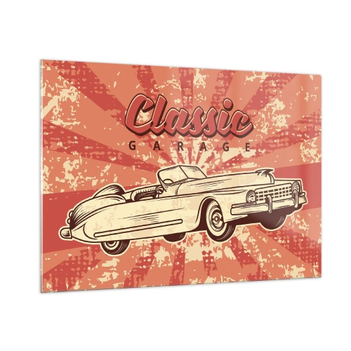 Obraz na szkle - Grafika retro przedstawiająca klasyczny samochód na tle promieni - 100x70cm - A w radiu Elvis - Nowoczesna dekoracja ścienna do salonu, kuchni i sypialni ARTTOR
