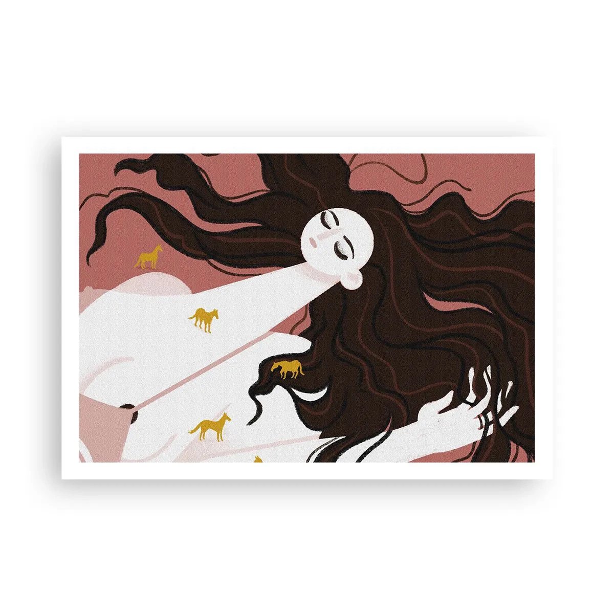 Plakat - Postać z zamkniętymi oczami otoczona złotymi końmi - 100x70cm - Sen o złotym koniu - Nowoczesna dekoracja ścienna do salonu i sypialni ARTTOR