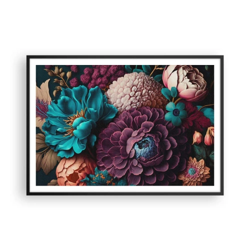Plakat w czarnej ramie - Bukiet kwiatów w intensywnych kolorach na ciemnym tle - 100x70cm - Natura na bogato - Nowoczesna dekoracja ścienna do salonu i sypialni ARTTOR