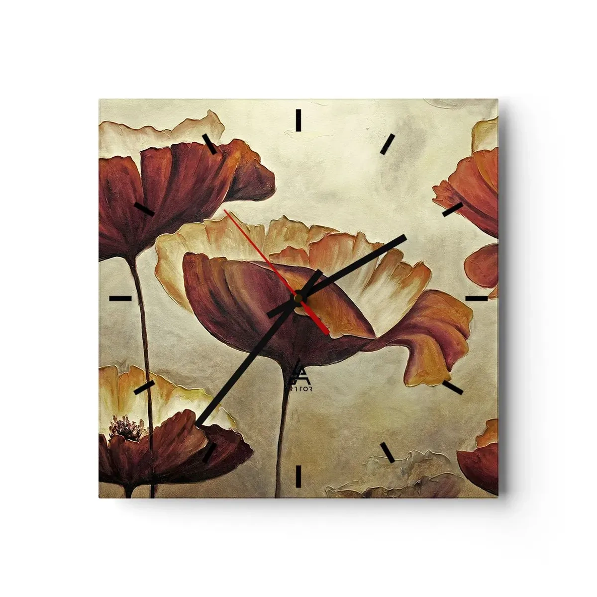 Zegar ścienny - Subtelne kwiaty w odcieniach czerwieni i złota na jasnym tle - 30x30cm - Łąki łan - Nowoczesna dekoracja ścienna do salonu i sypialni ARTTOR