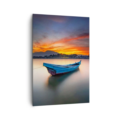 Obraz na płótnie - Łódź na wodzie podczas malowniczego zachodu słońca - 70x100cm - Nadchodzi dobra noc - Nowoczesna dekoracja ścienna do salonu i sypialni ARTTOR