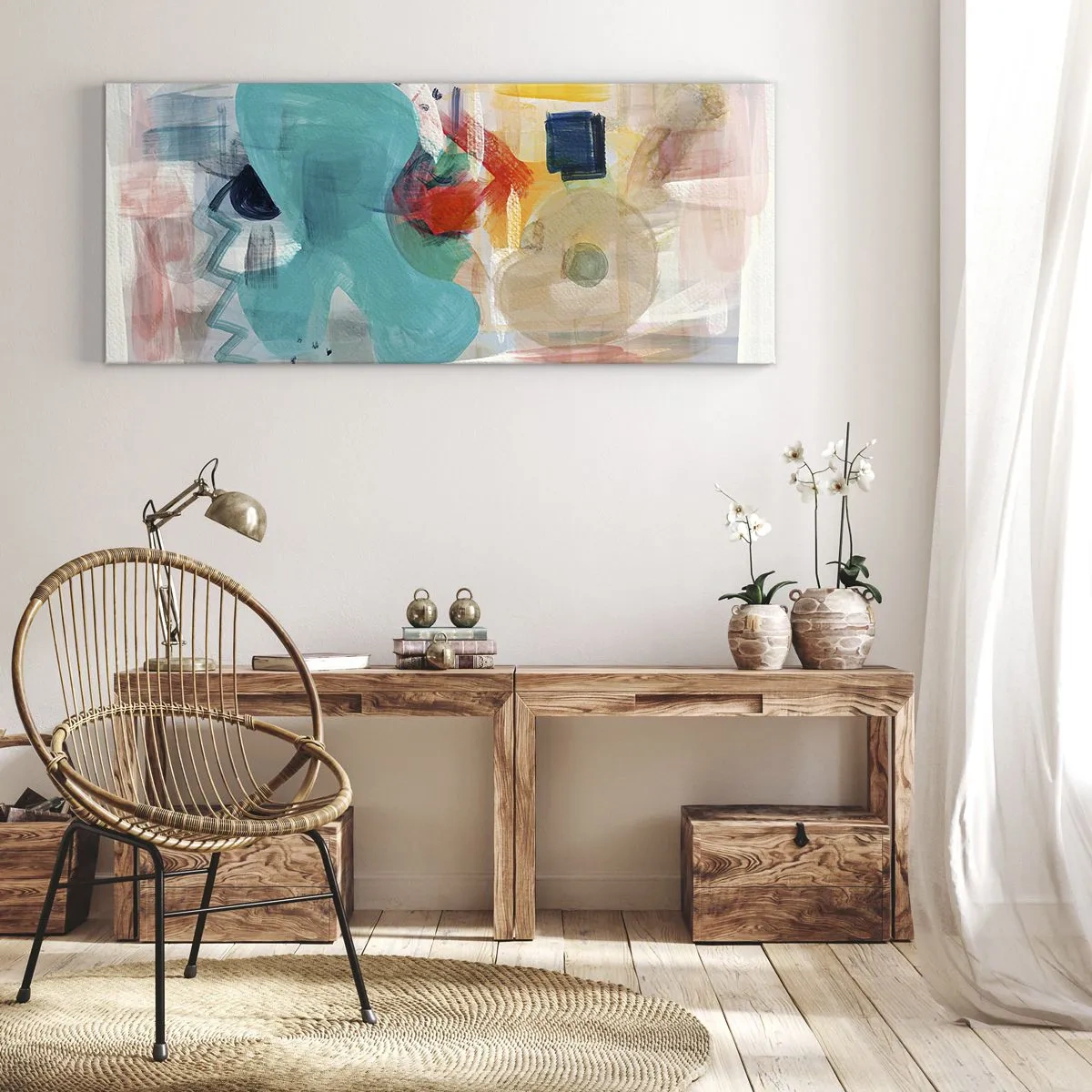 Obraz na płótnie - Abstrakcyjne kształty i kolory tworzące dynamiczną kompozycję - 160x50cm - Kolorowa gra - Nowoczesna dekoracja ścienna do salonu i sypialni ARTTOR