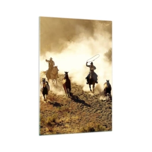 Obraz na szkle - Kowboje na koniach w akcji na pustynnym terenie - 70x100cm - Naprawdę dziki zachód - Nowoczesna dekoracja ścienna do salonu i sypialni ARTTOR
