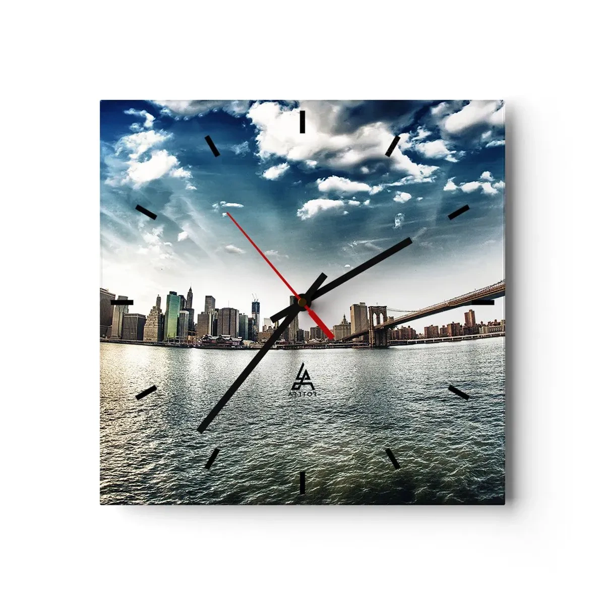 Zegar ścienny - Panorama miasta z mostem na tle błękitnego nieba - 30x30cm - Szklana wyspa - Nowoczesna dekoracja ścienna do salonu i sypialni ARTTOR