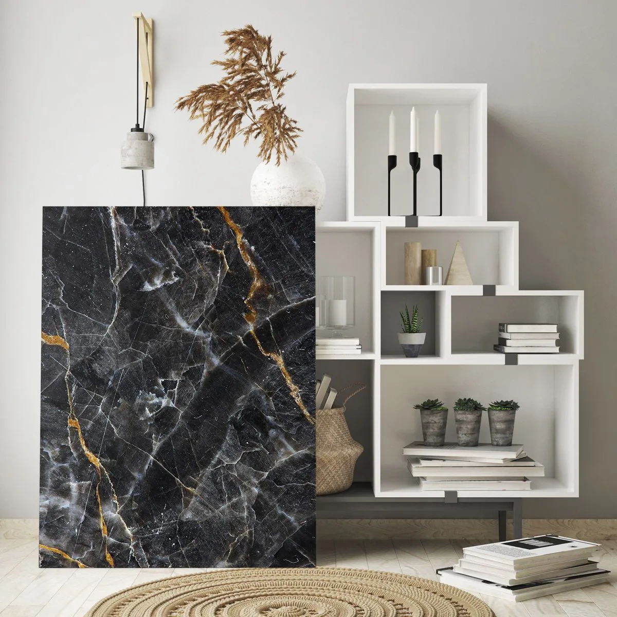 Obraz na szkle - Czarno-złoty marmurowy wzór z białymi żyłkami - 50x70cm - Wewnętrzne życie kamienia - Nowoczesna dekoracja ścienna do salonu, kuchni i sypialni ARTTOR