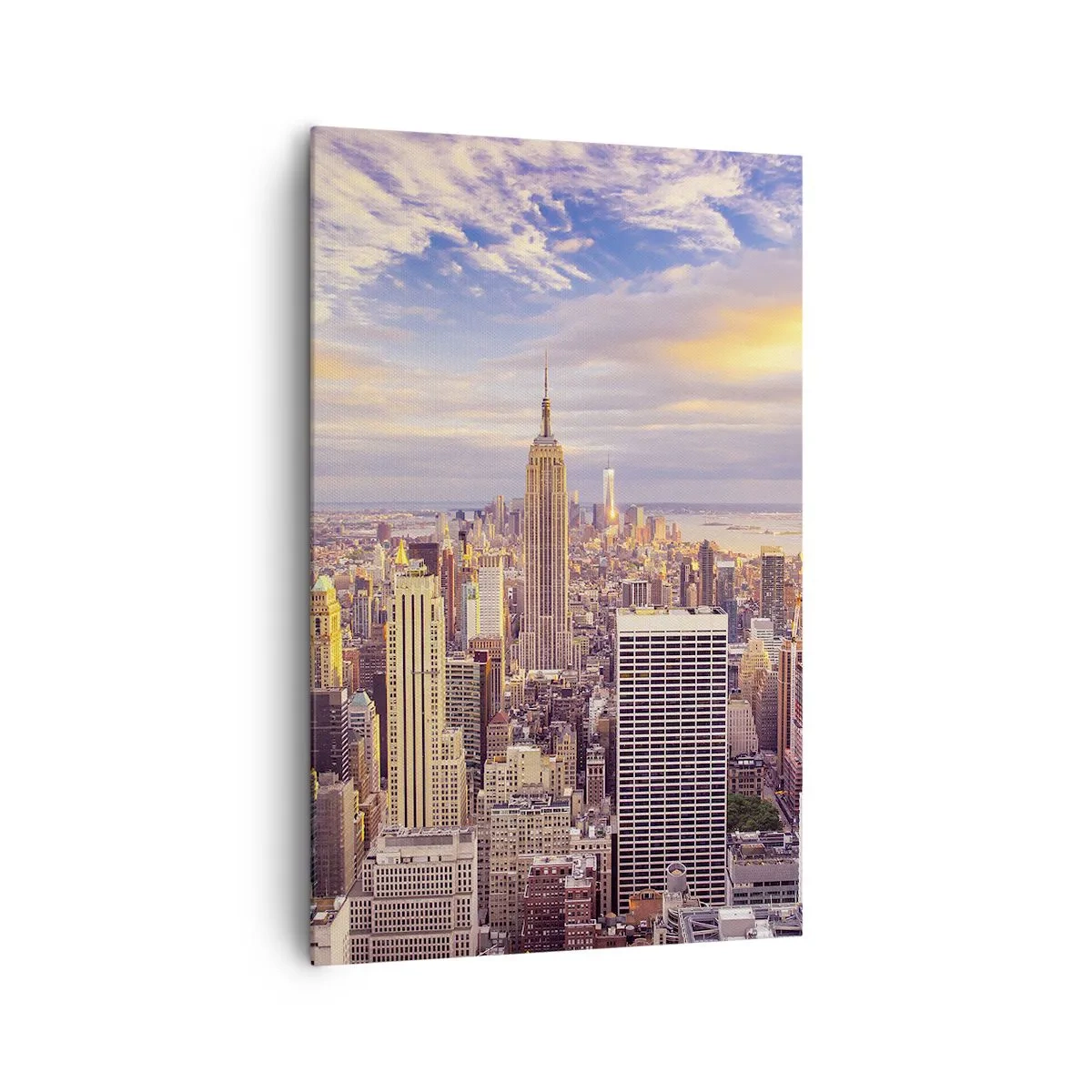 Obraz na płótnie - Panorama nowoczesnego miasta z wieżowcami o zachodzie słońca - 80x120cm - Sięgnąć samych chmur - Nowoczesna dekoracja ścienna do salonu i sypialni ARTTOR