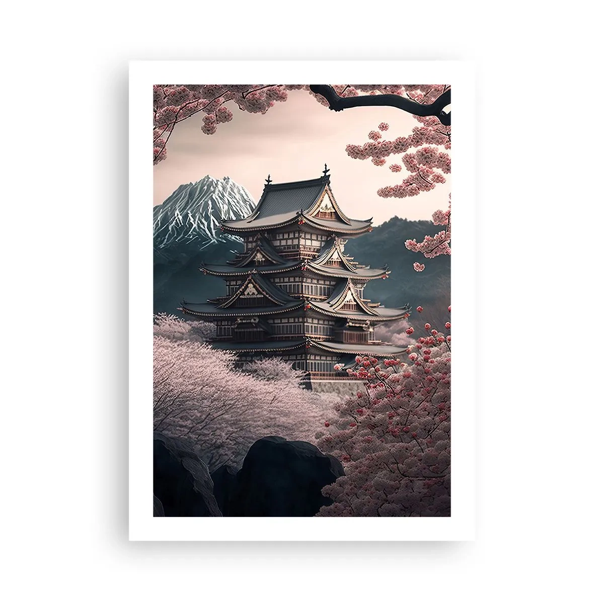 Plakat - Japońska pagoda wśród kwitnących wiśni - 50x70cm - Kraj kwitnącej wiśni - Nowoczesna dekoracja ścienna do salonu, kuchni i sypialni ARTTOR
