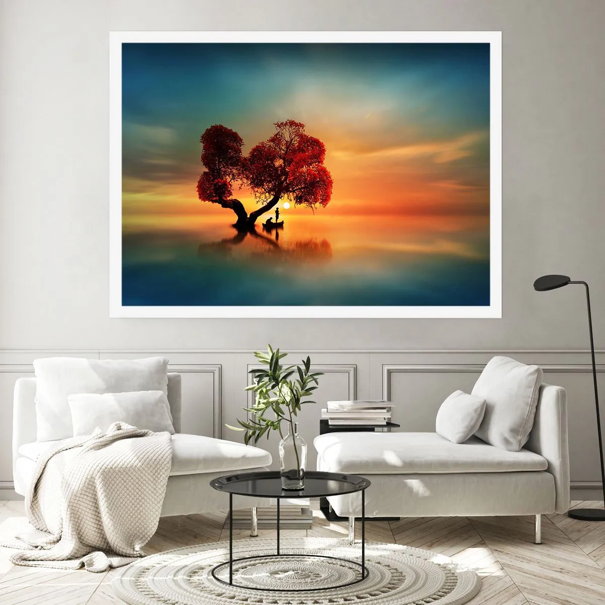 Plakat - Drzewo o czerwonych liściach i łódź na wodzie o zachodzie słońca - 100x70cm - Oddaleńcy i ciszyzna bezświata - Nowoczesna dekoracja ścienna do salonu i sypialni ARTTOR