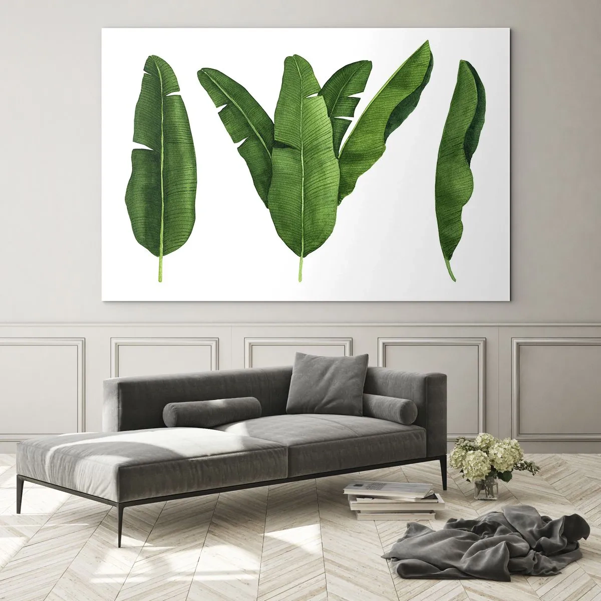 Obraz na szkle - Cztery zielone liście bananowca na białym tle - 70x50cm - Zielona symetria - Nowoczesna dekoracja ścienna do salonu i sypialni ARTTOR