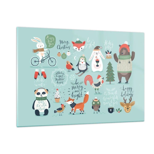 Obraz na szkle - Świąteczne ilustracje zwierząt na pastelowym tle - 120x80cm - Niech zawsze już będą święta! - Nowoczesna dekoracja ścienna do salonu, kuchni i sypialni ARTTOR