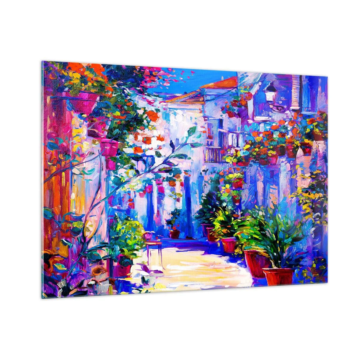 Obraz na szkle - Kolorowa uliczka z kwitnącymi roślinami i światłem - 100x70cm - Impresja - włoska uliczka - Nowoczesna dekoracja ścienna do salonu, kuchni i sypialni ARTTOR