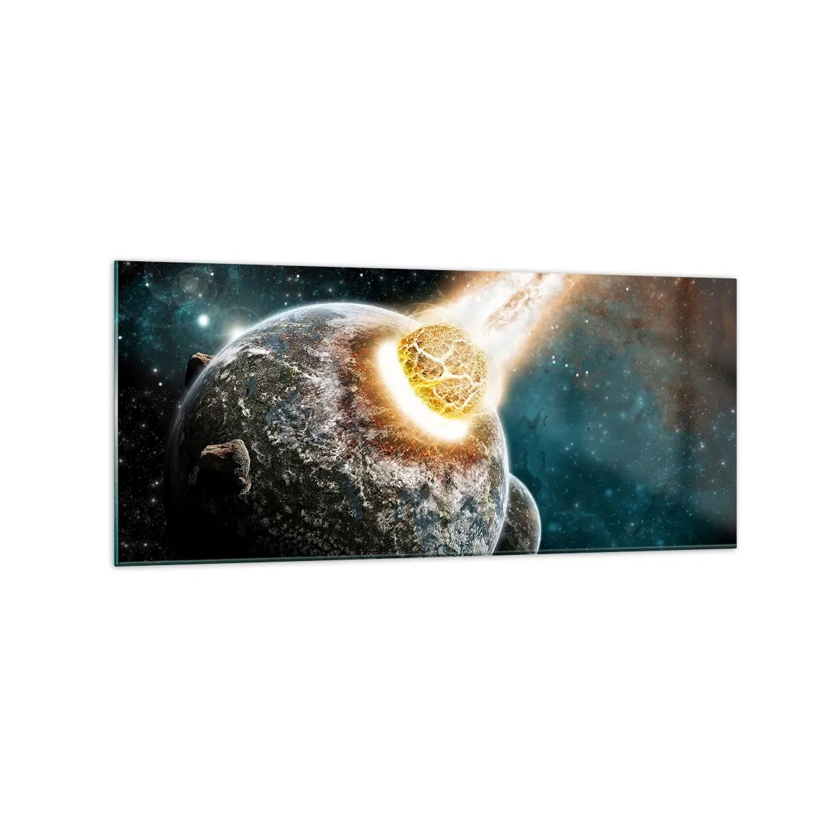Obraz na szkle - Kosmiczna kolizja planety z asteroidą w otoczeniu galaktyki. - 120x50cm - Zagłada czy narodziny? - Nowoczesna dekoracja ścienna do salonu i sypialni ARTTOR