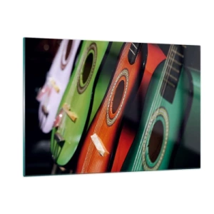 Obraz na szkle - Kolorowe gitary w rzędzie - 120x80cm - Gitara ma wiele barw - Nowoczesna dekoracja ścienna do salonu, kuchni i sypialni ARTTOR