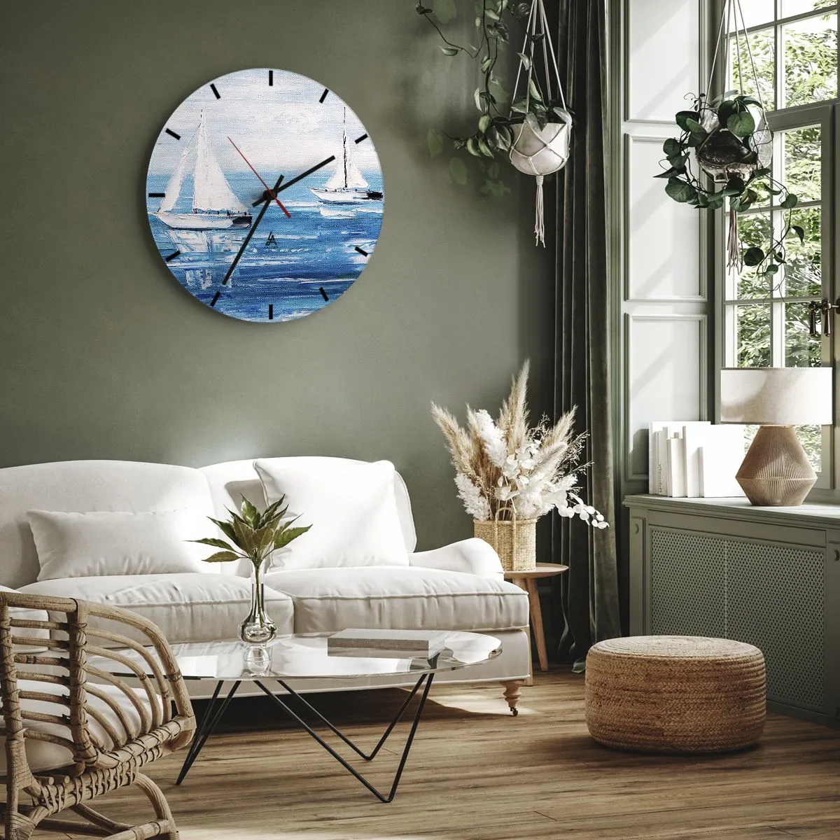 Zegar ścienny - Białe żaglówki na błękitnym morzu w malarskim stylu - 30x30cm - Z przyjacielem u boku - Nowoczesna dekoracja ścienna do salonu, kuchni i sypialni ARTTOR
