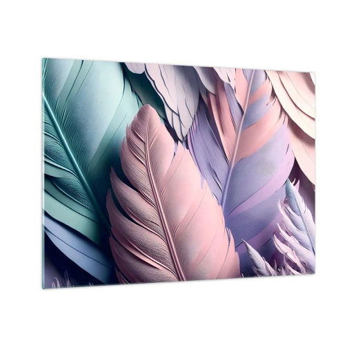 Obraz na szkle - Pastelowe pióra w odcieniach różu, fioletu i turkusu - 70x50cm - Ptasi szyk - Nowoczesna dekoracja ścienna do salonu i sypialni ARTTOR