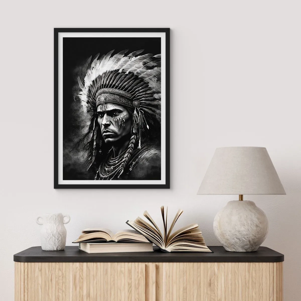 Plakat w czarnej ramie - Portret wojownika w tradycyjnym pióropuszu - 50x70cm - Wódz i wojownik - Nowoczesna dekoracja ścienna do salonu i sypialni ARTTOR