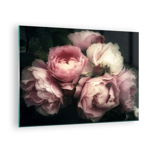 Obraz na szkle - Bukiet różowych róż w delikatnym oświetleniu z nutą vintage - 70x50cm - Czar belle epoque - Nowoczesna dekoracja ścienna do salonu i sypialni ARTTOR